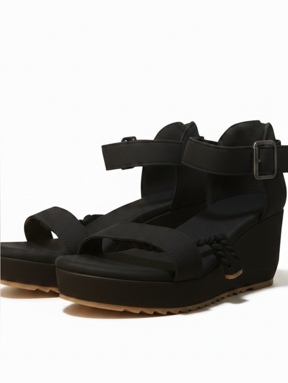 Black Platform Wedge Sandals with Ankle Strap
